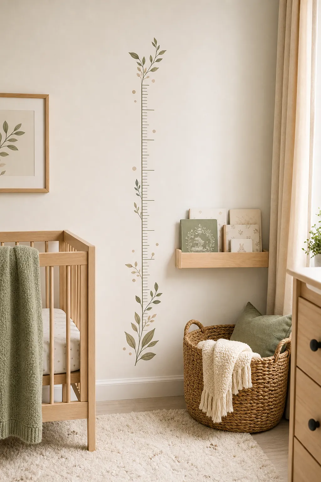 Removable growth chart wall decal in a calm nursery with natural wood furniture