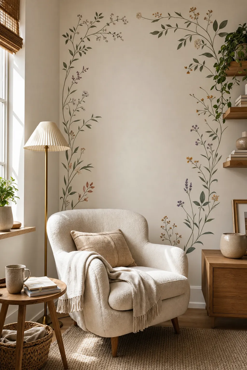 Botanical wall stickers around a cozy reading nook with an armchair and side table