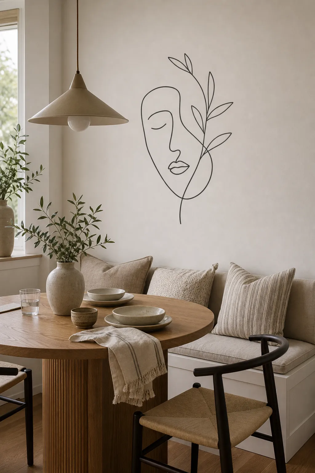 Minimal line art wall sticker above a small dining banquette with neutral cushions