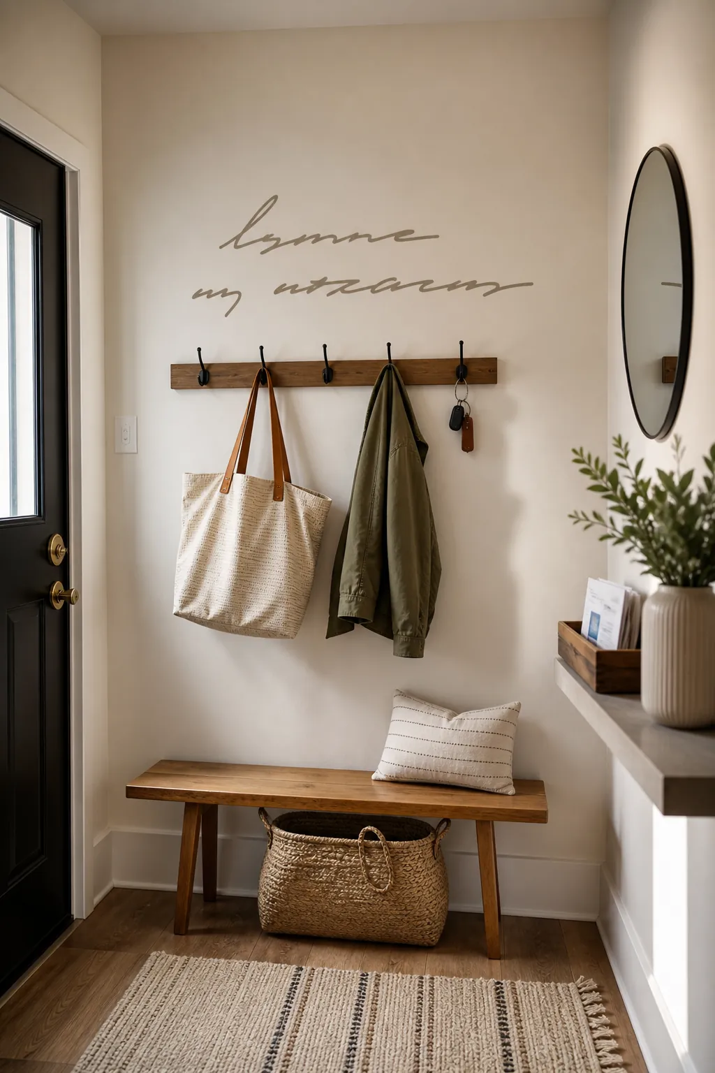 Entryway quote wall decal above hooks and a slim bench in a small apartment