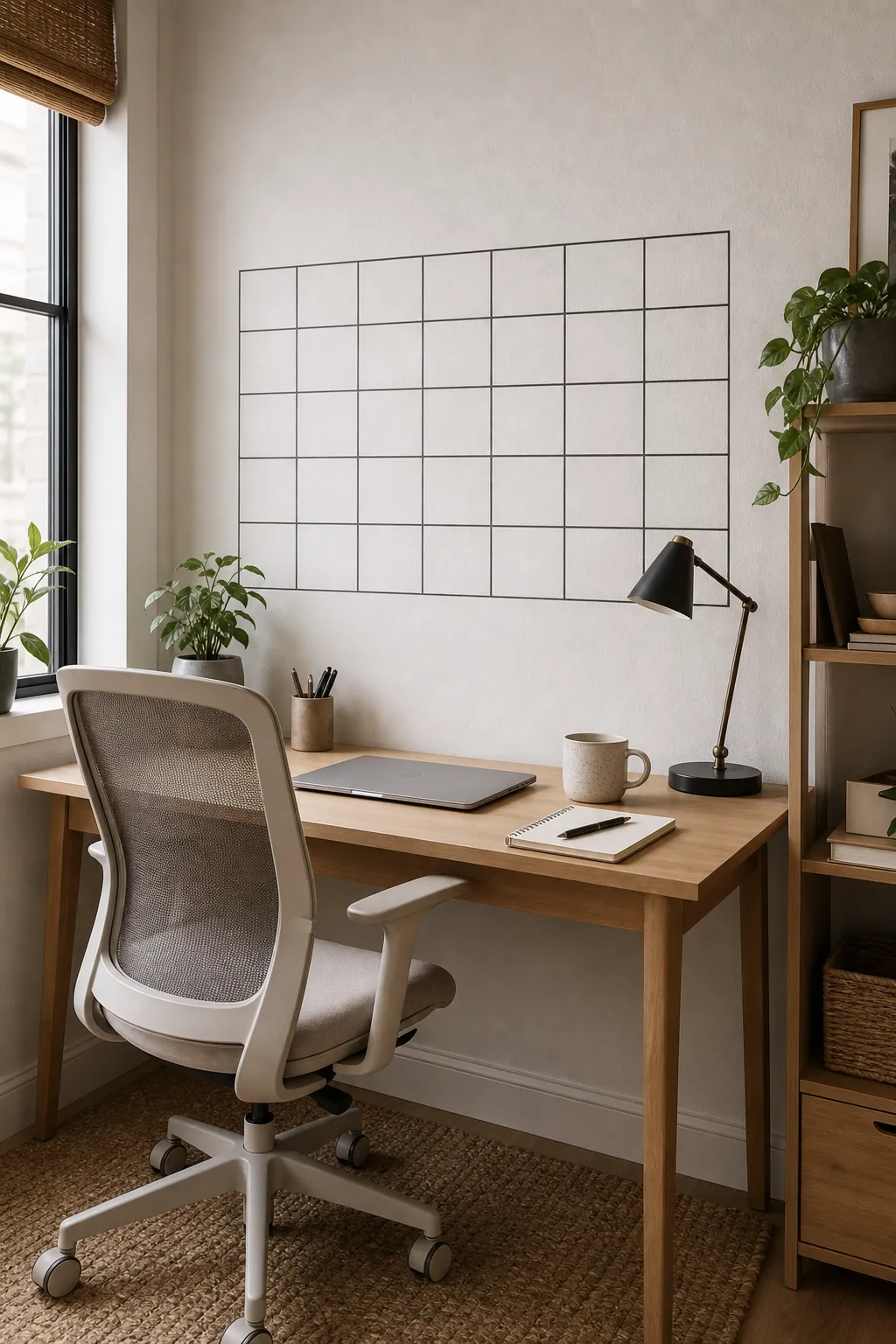 Home office wall with a removable calendar grid decal above a compact desk