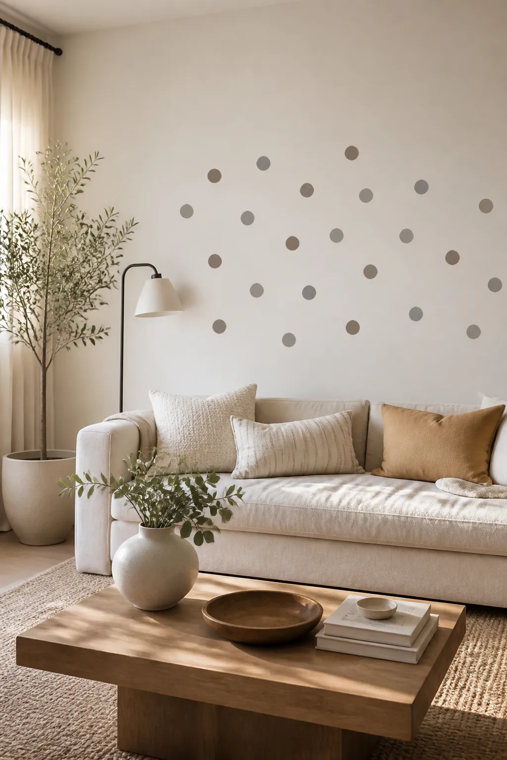 Organic dot wall stickers in a modern living room above a neutral sofa