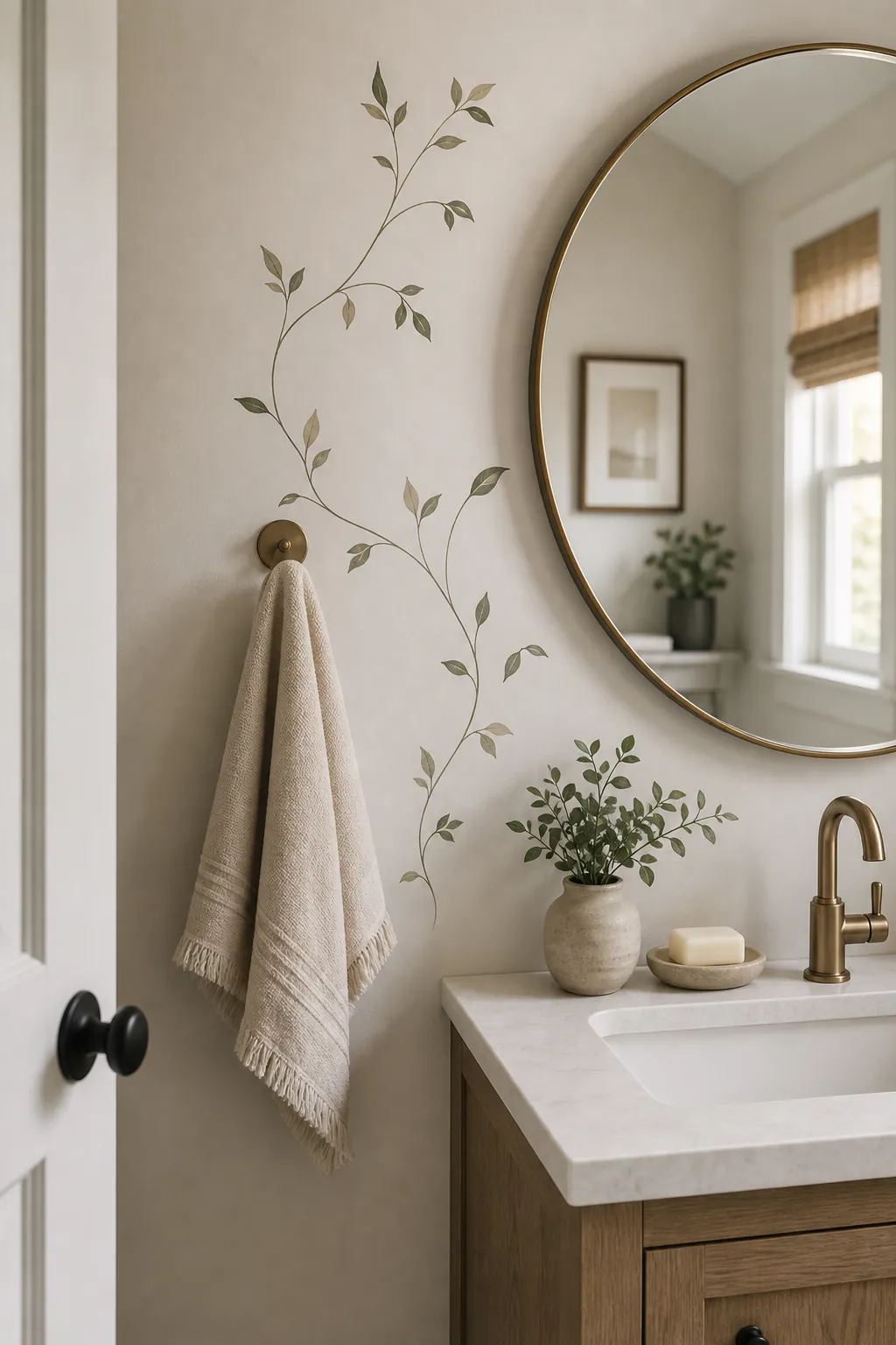 Small bathroom with delicate vine wall stickers near a mirror and sink