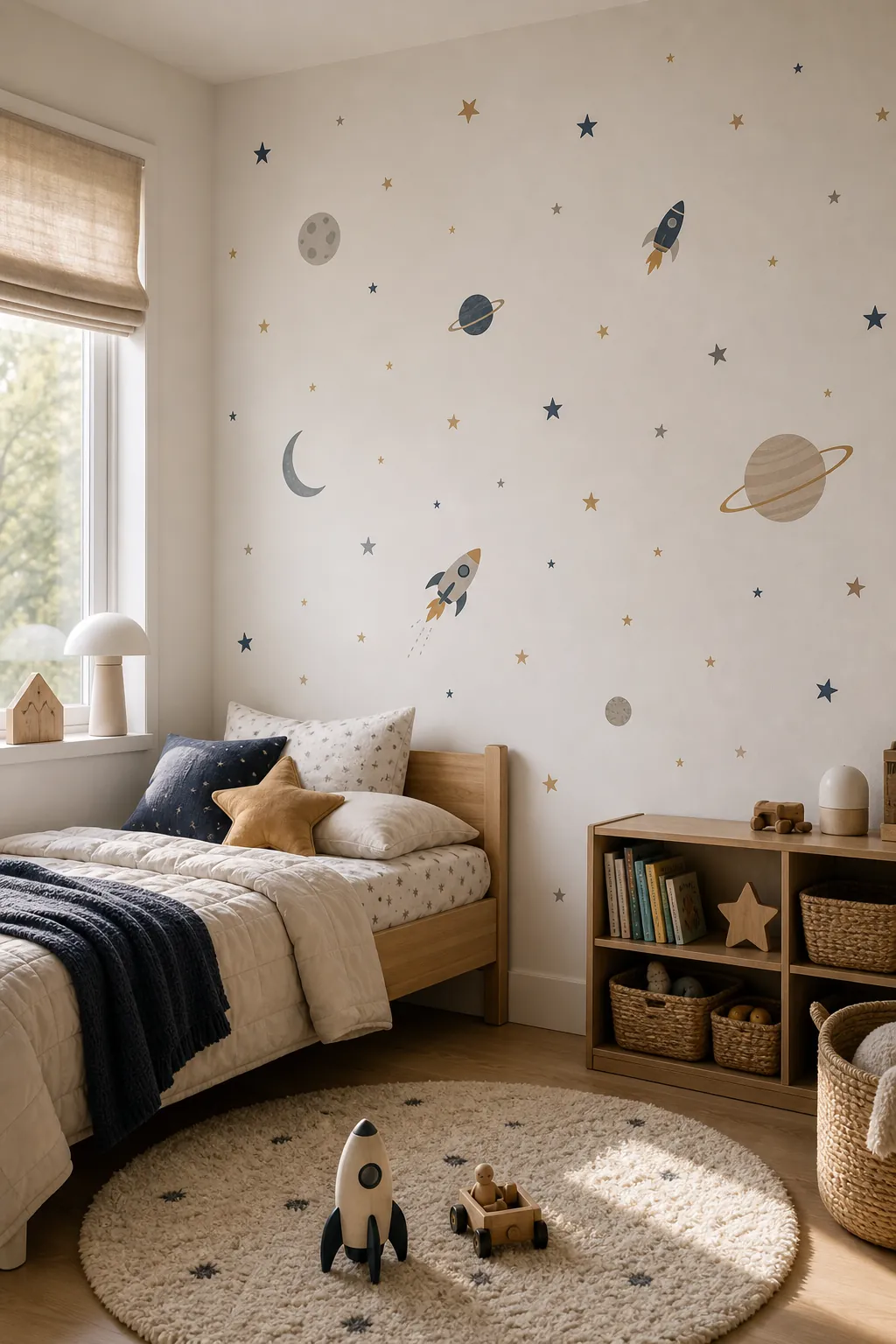 Kids bedroom with space themed removable wall stickers arranged around shelves and a bed
