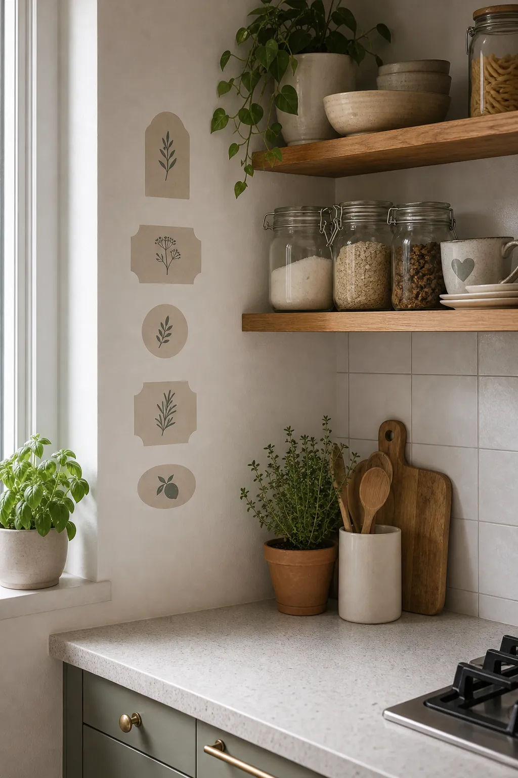 Kitchen wall with small vinyl label decals near open shelves and ceramic tile