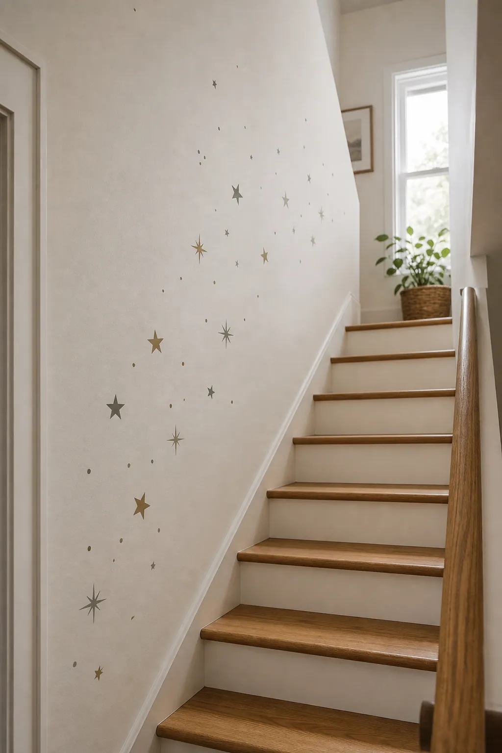 Staircase wall with removable star decals trailing upward with the steps