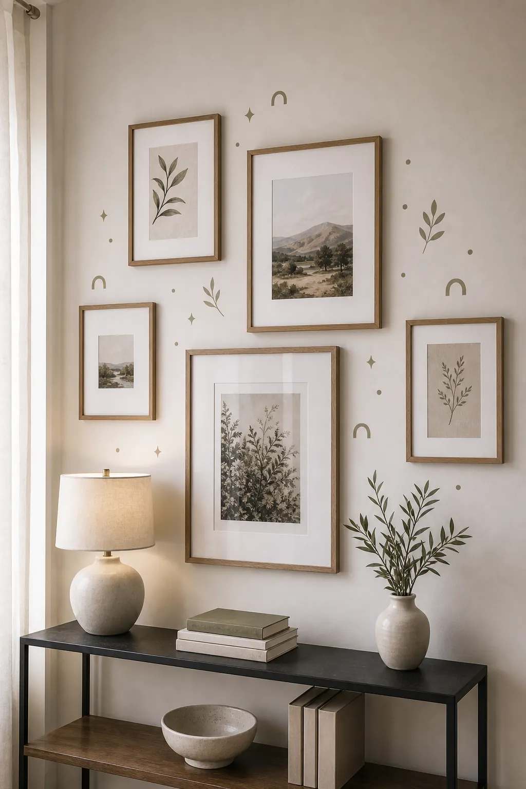 Gallery wall with framed prints and small removable shape decals filling awkward gaps