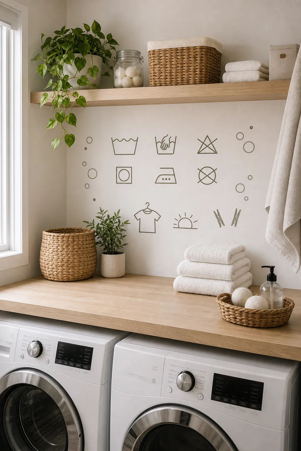 Laundry room wall with small icon decals above a counter and woven baskets