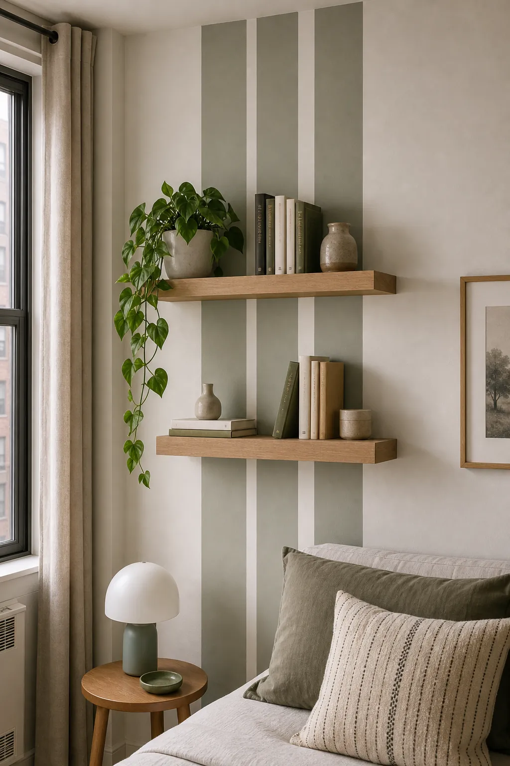 Rented apartment wall with removable accent stripe decals behind floating shelves