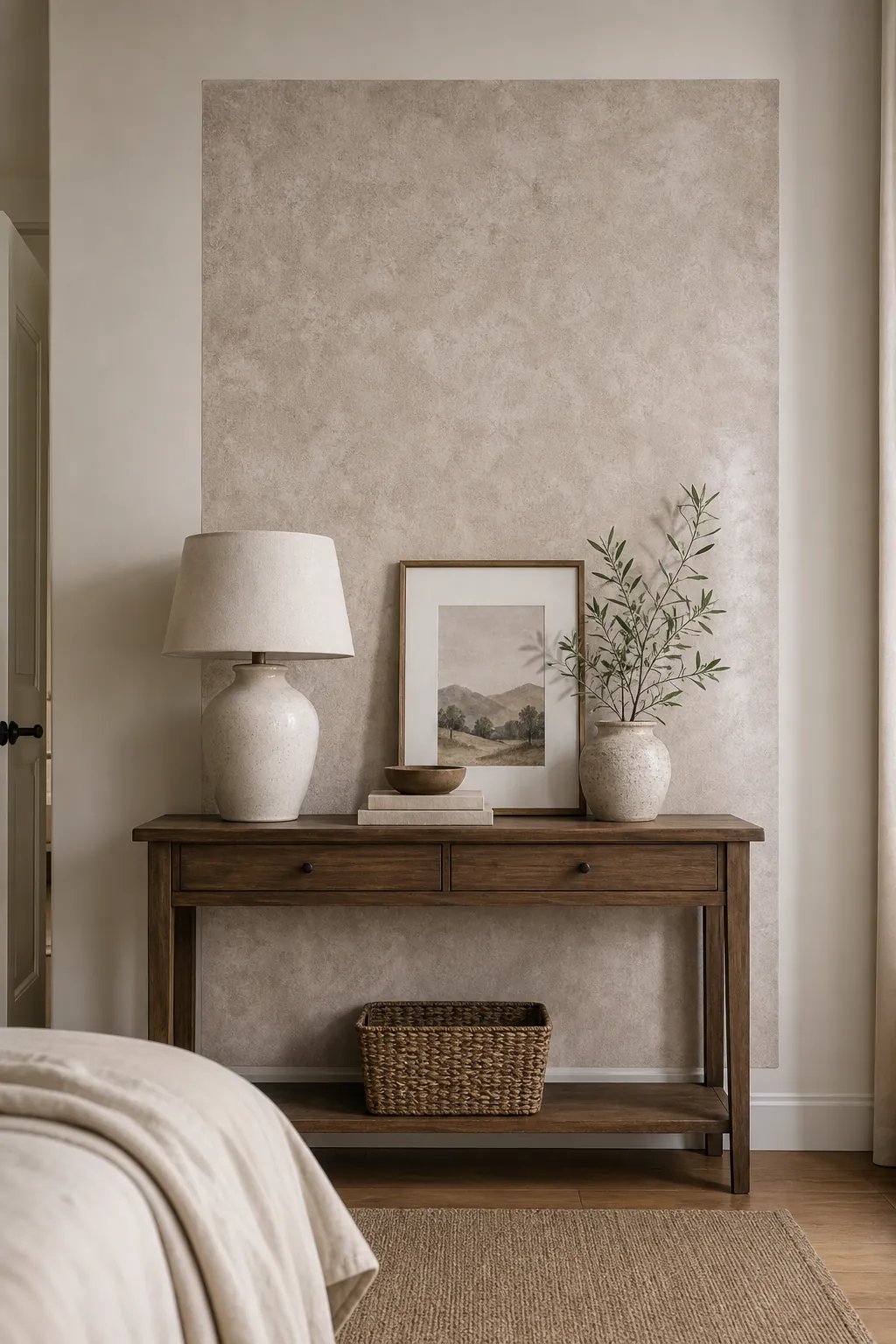 Textured look removable mural sticker panel on a smooth bedroom wall behind a console