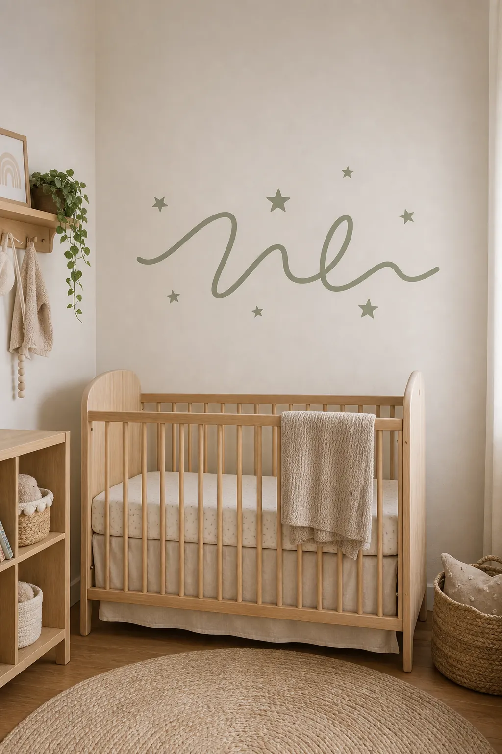 Custom name wall decal over a nursery crib with simple stars and soft neutral decor