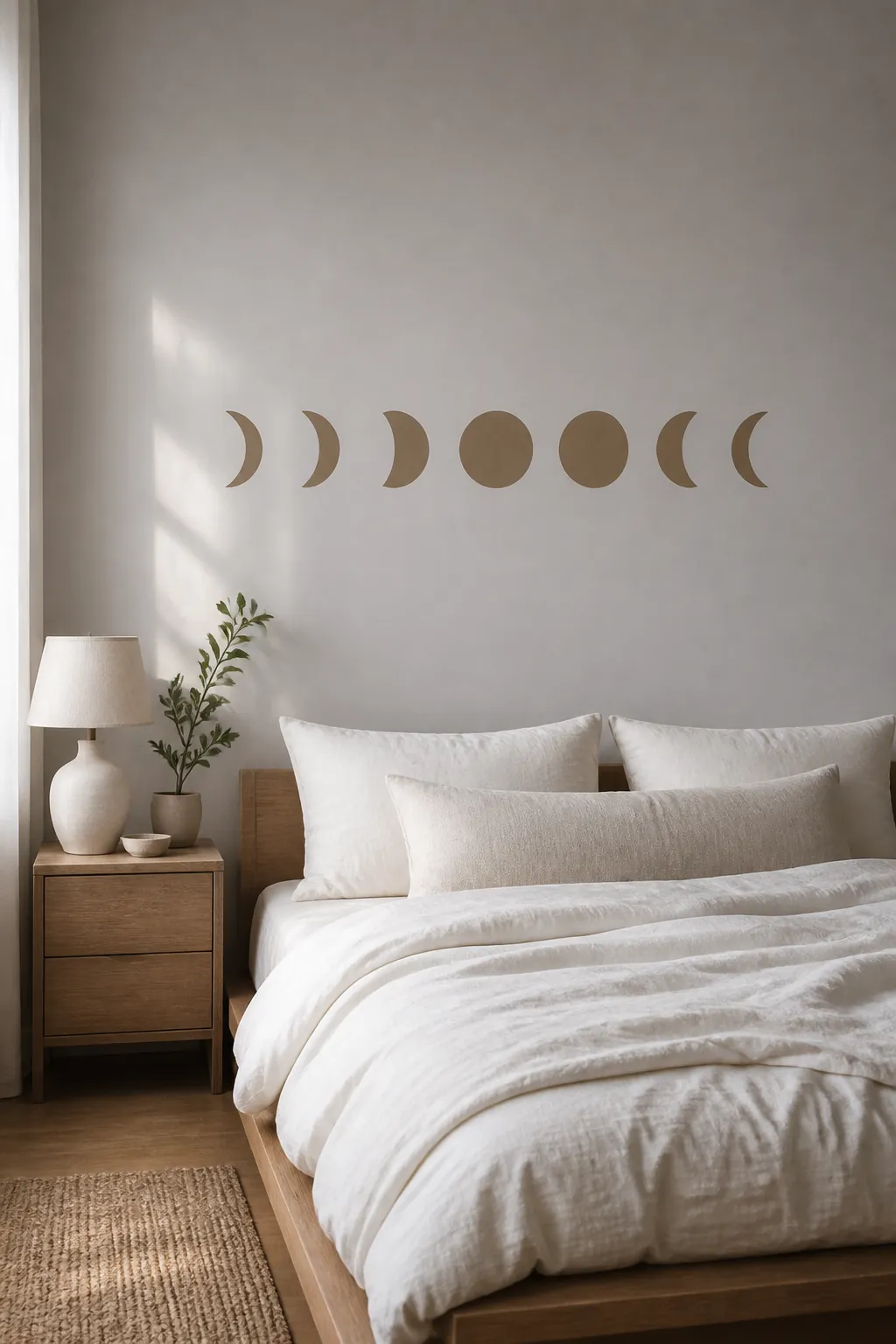 Minimalist bedroom with moon phase wall decals above a low wood bed