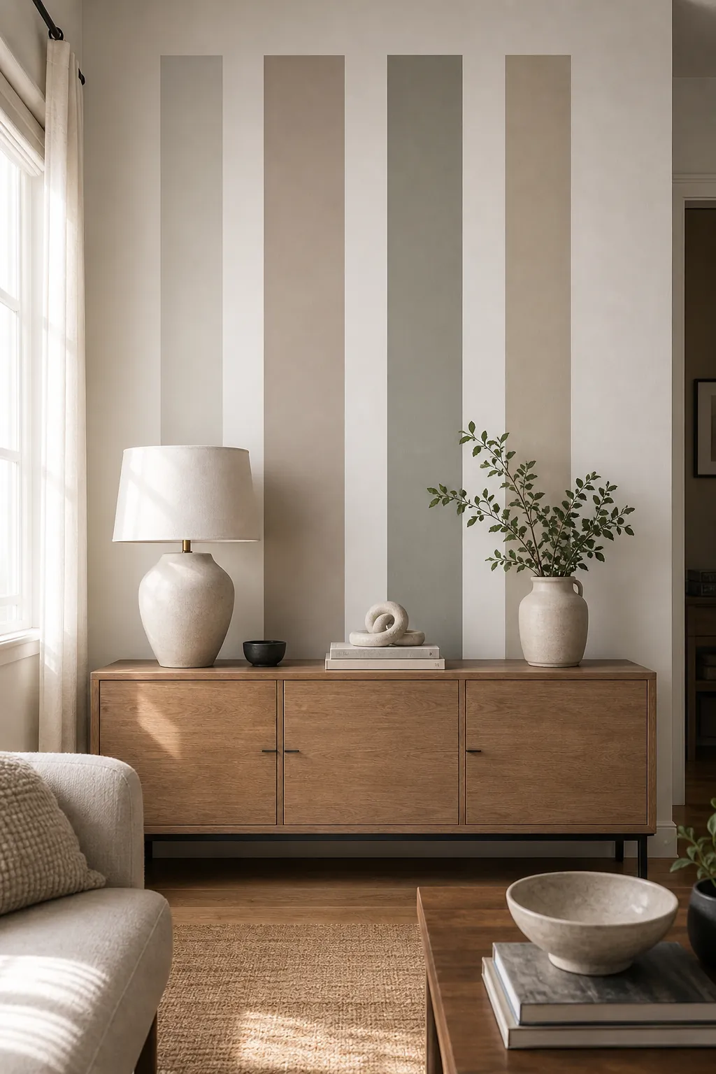 Modern living room console with slim removable vinyl stripe decals on the wall