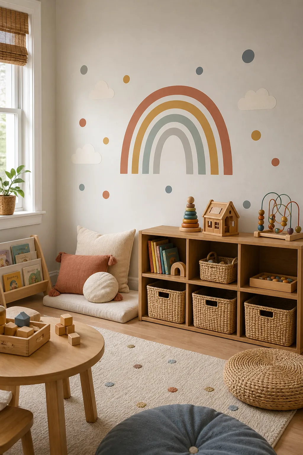 Playroom wall with soft rainbow stickers marking a toy and reading zone