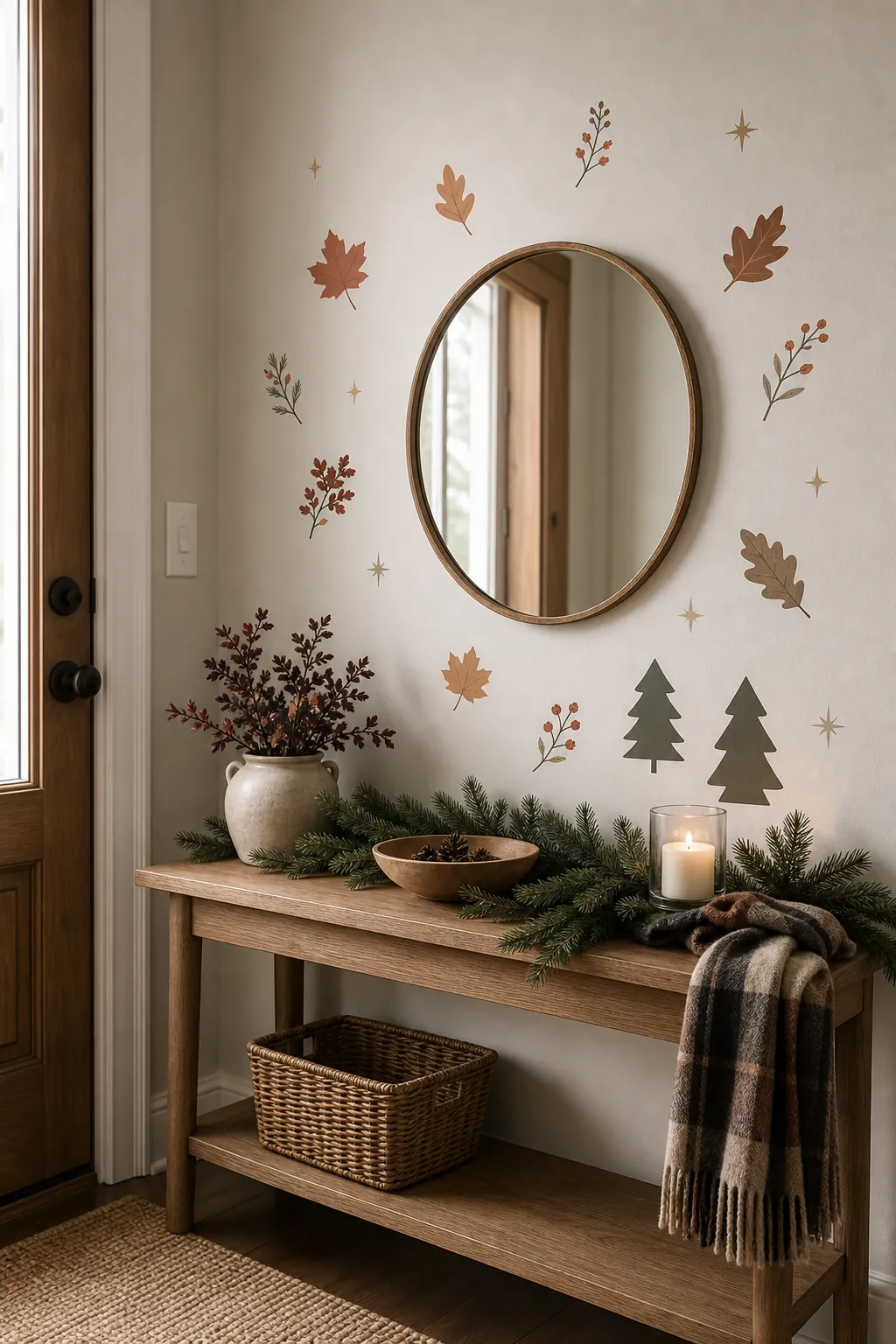 Small seasonal removable wall stickers styled on an entry wall with a wreath and console table