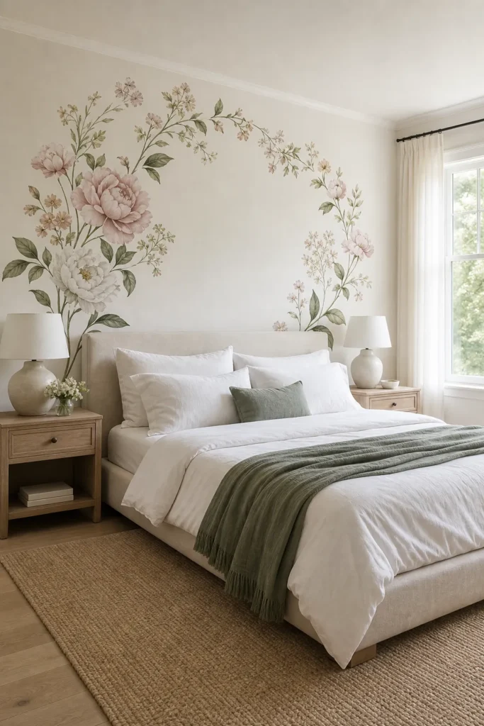 Floral wall decals styled as an elegant botanical accent wall in a bright bedroom
