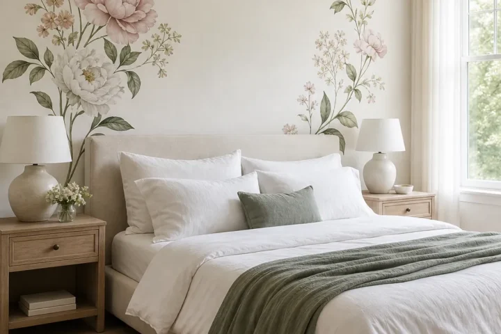 Floral wall decals styled as an elegant botanical accent wall in a bright bedroom