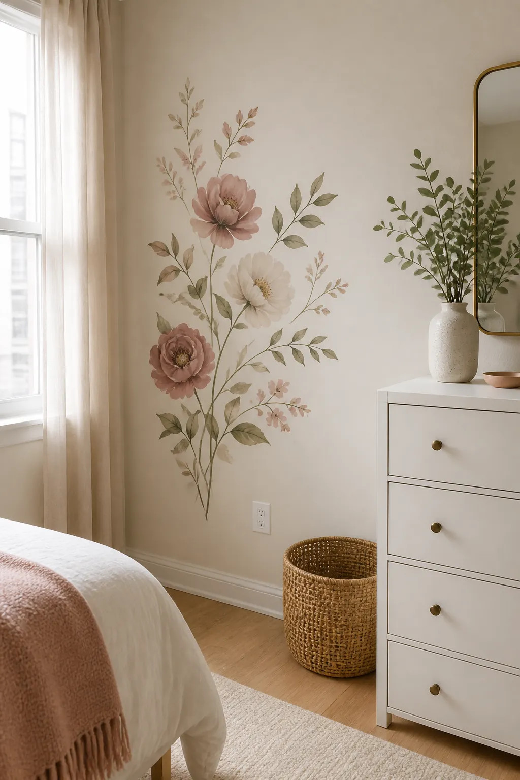 Matte removable flower wall decals on a clean rental bedroom wall