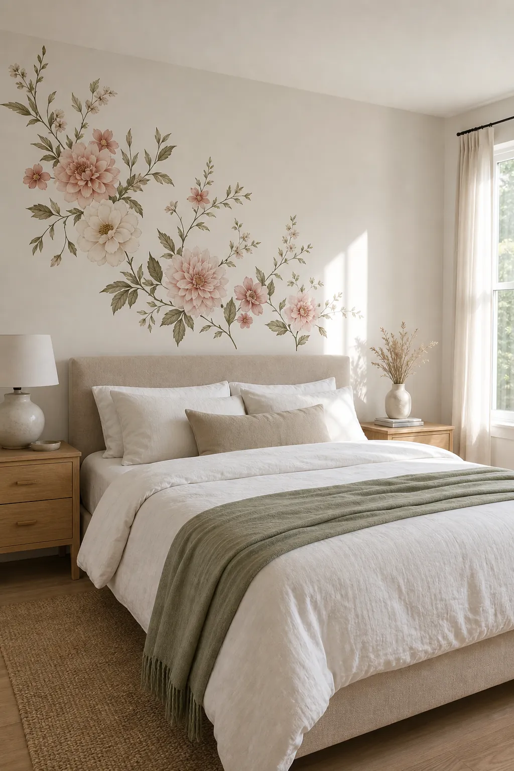 Floral wall decals arranged as a soft bedroom accent wall above a bed