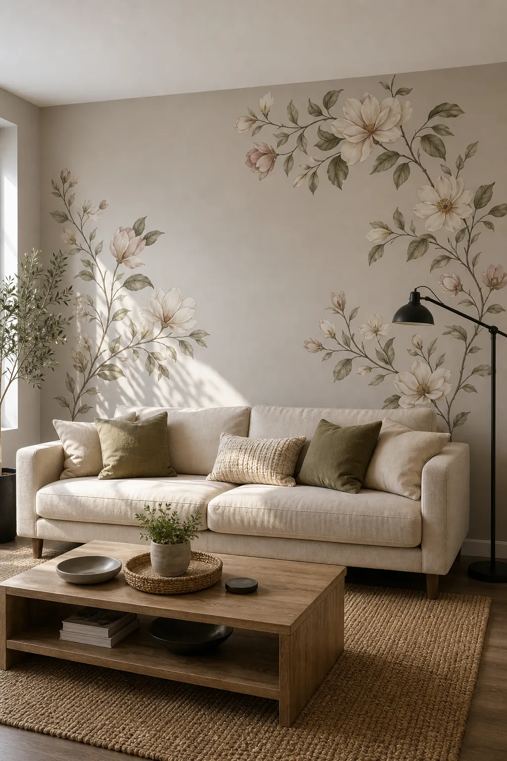 Flower wall decals framing a living room sofa wall without covering the whole room