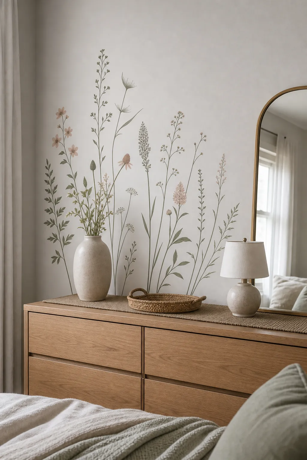 Custom Cricut wall decals arranged with floral stems near a dresser