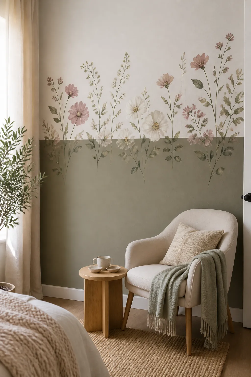 Floral accent wall decals paired with a soft painted color block