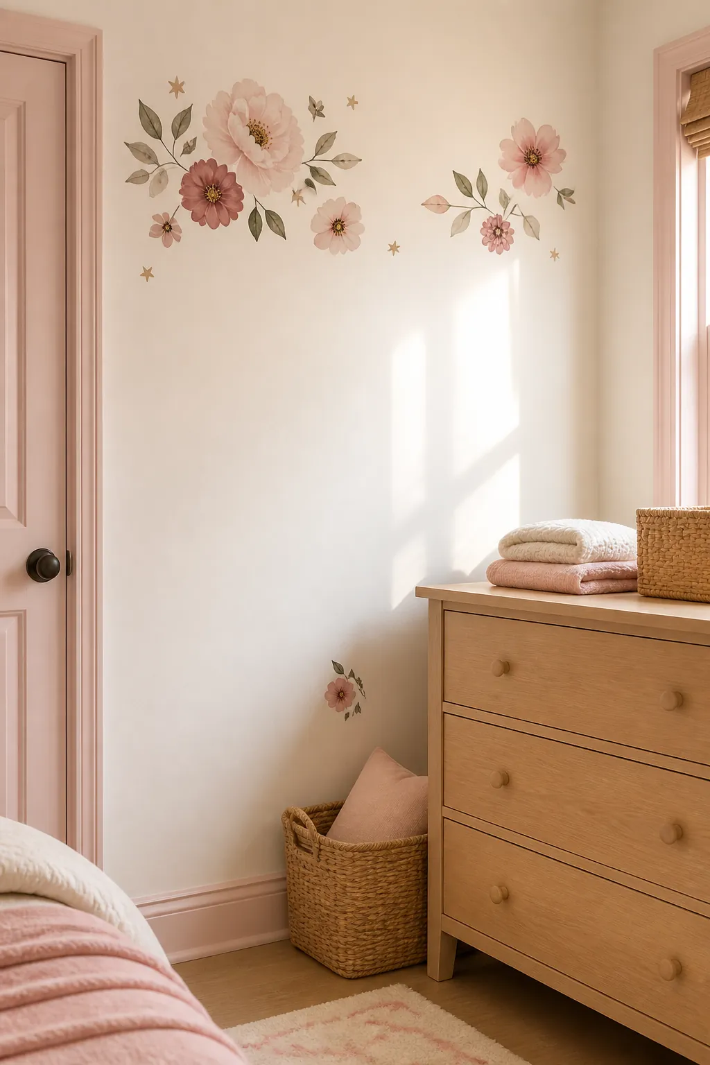 Wall decals for girls room applied on a smooth pastel bedroom wall