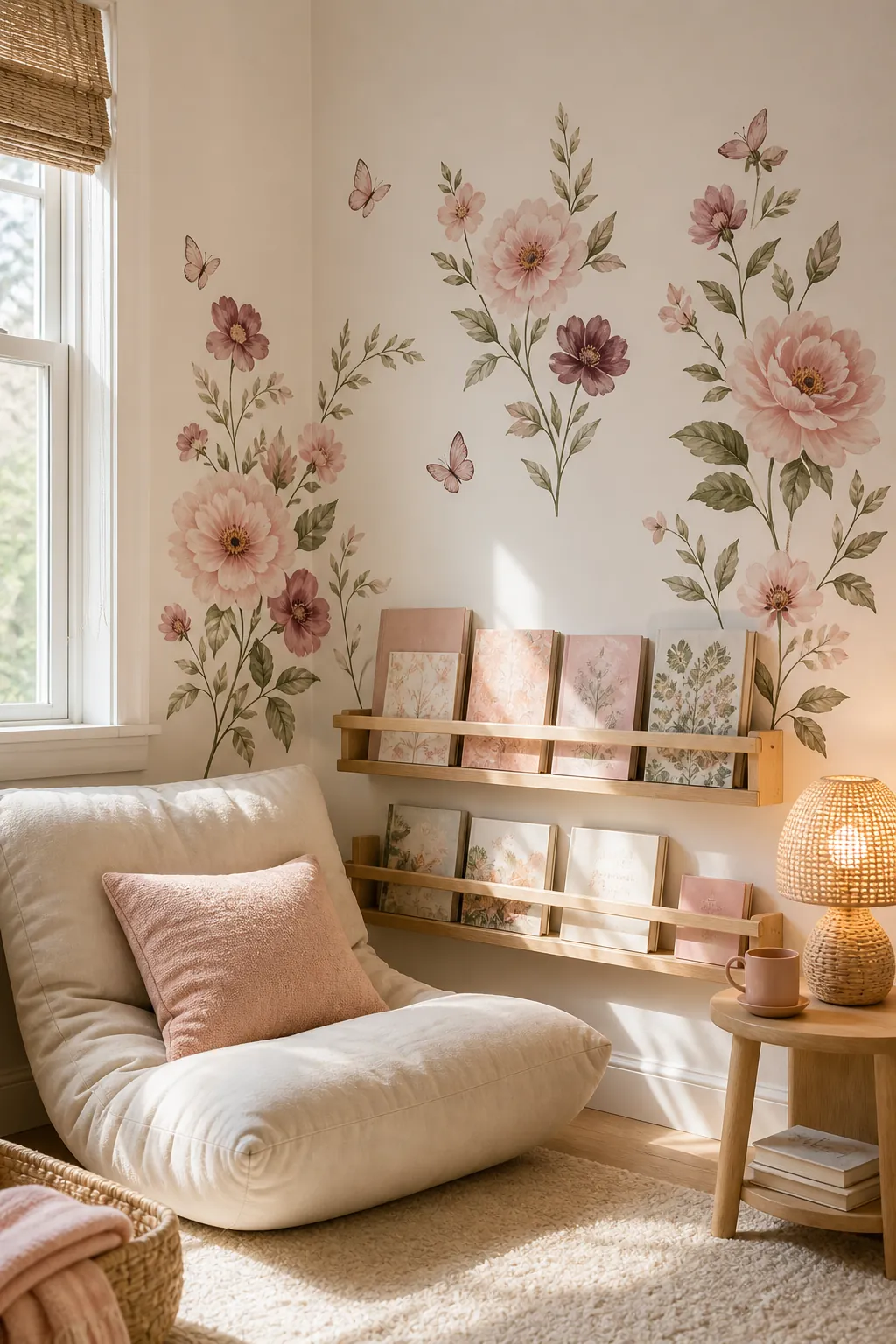 Floral wall decals around a cozy girls room reading nook