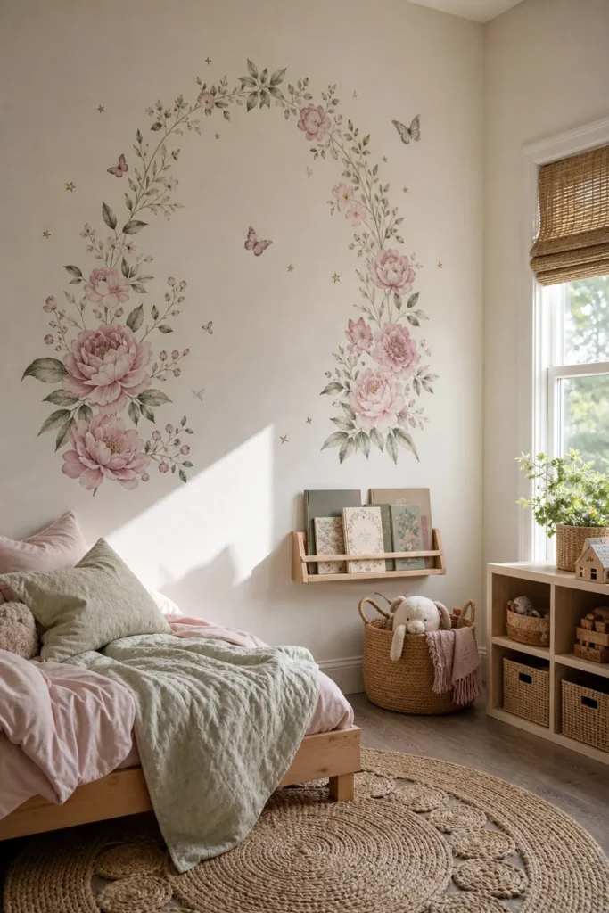 Finished girls room with removable floral wall decals and soft playroom decor