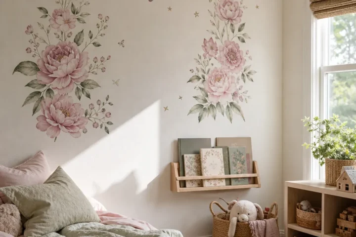 Finished girls room with removable floral wall decals and soft playroom decor