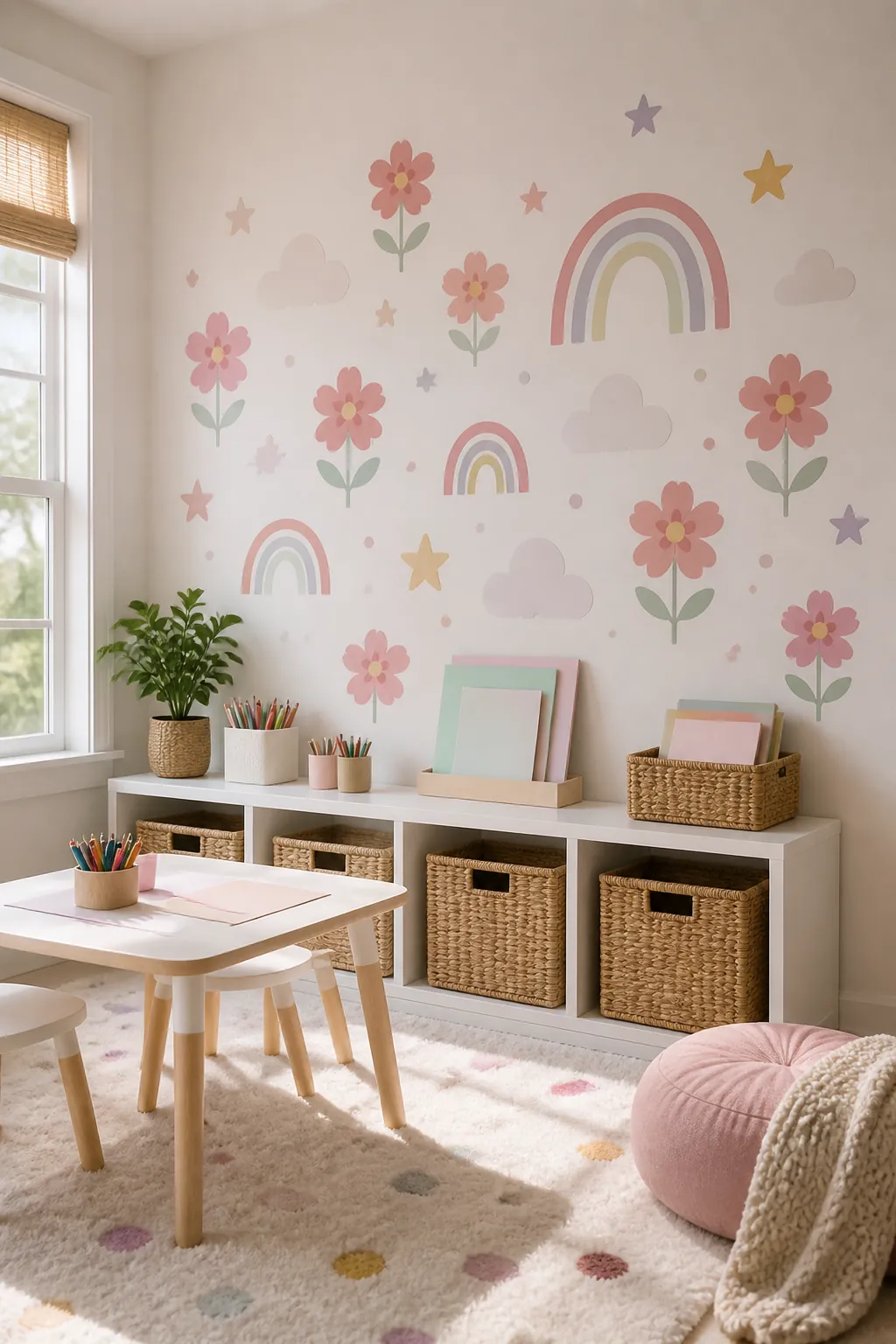 Playroom wall art using decals to define a colorful activity zone