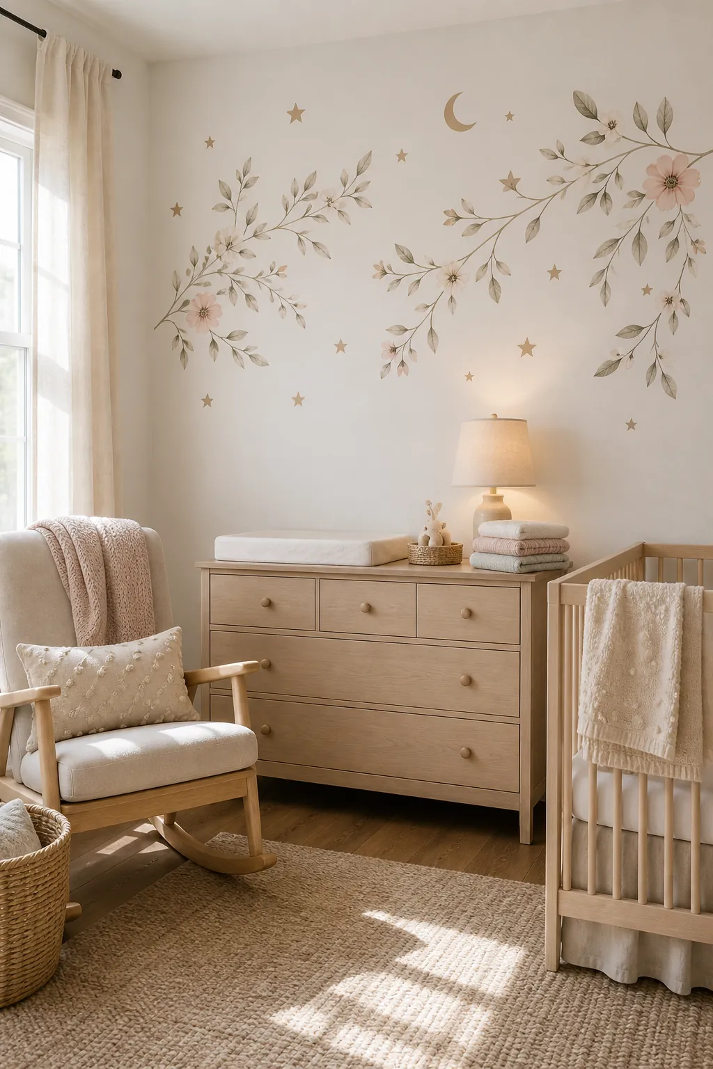 Baby room decals placed high on a calm nursery wall away from the crib