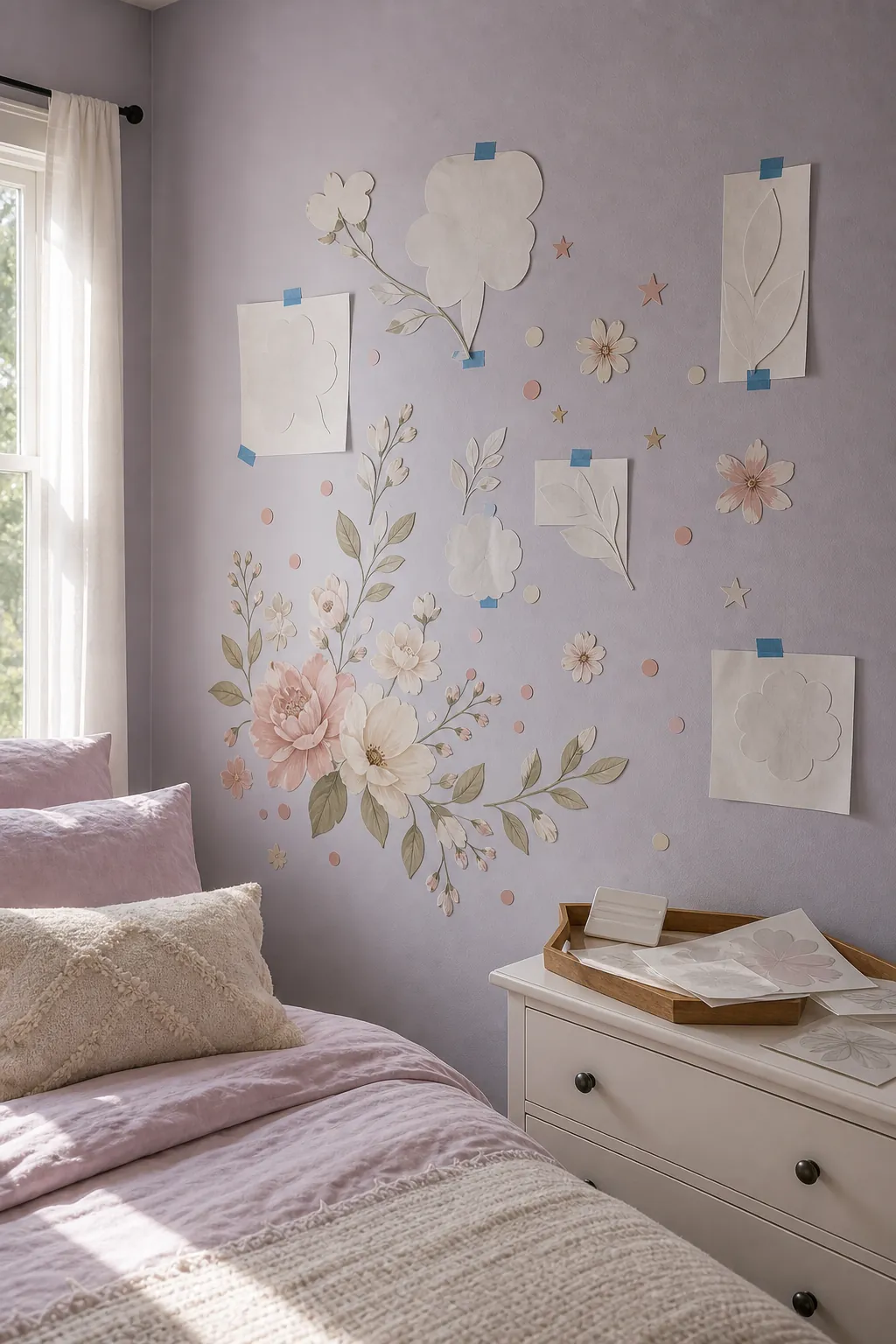 Kids room wall stickers arranged as a planned layout before installation