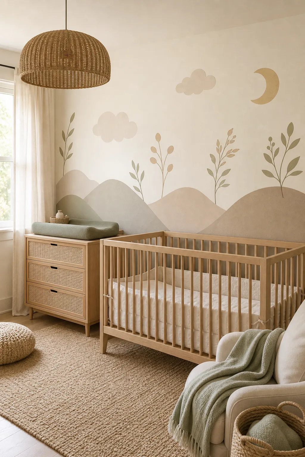 Soft mural effect created with nursery wall stickers in a peaceful baby room