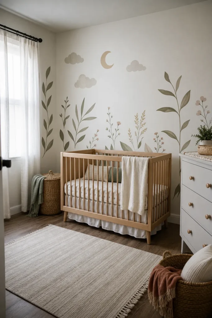 Beautiful nursery wall stickers creating a calm removable feature wall in a baby room