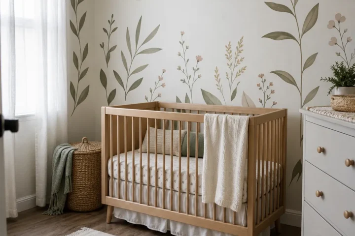 Beautiful nursery wall stickers creating a calm removable feature wall in a baby room
