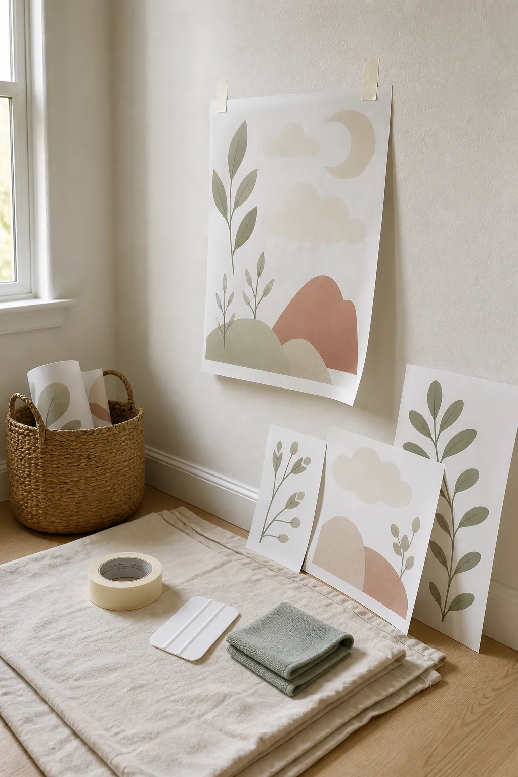 Nursery wall sticker application setup with decals, smoothing tool, and clean painted wall