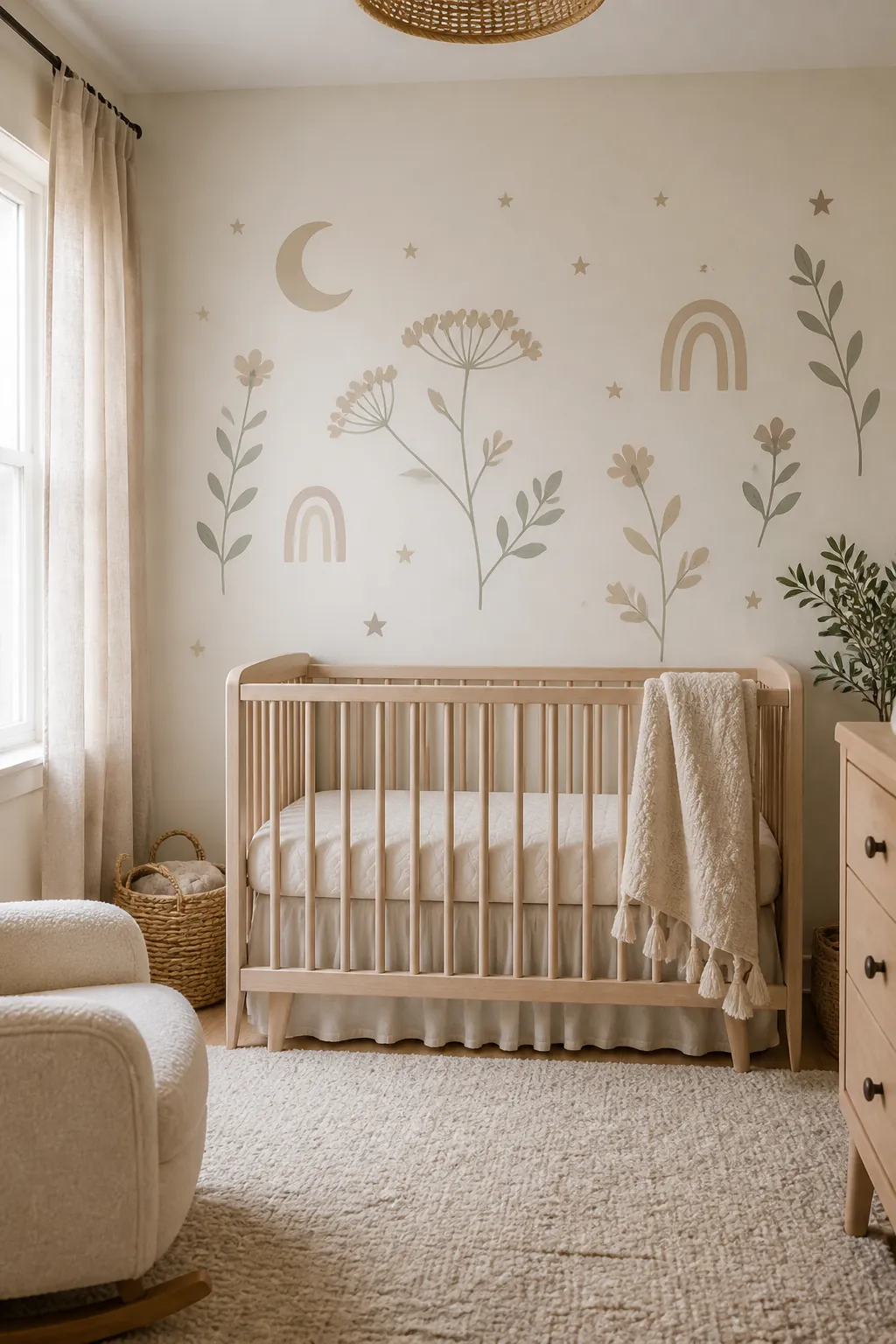 Neutral nursery wall stickers arranged as a calm feature wall above a crib
