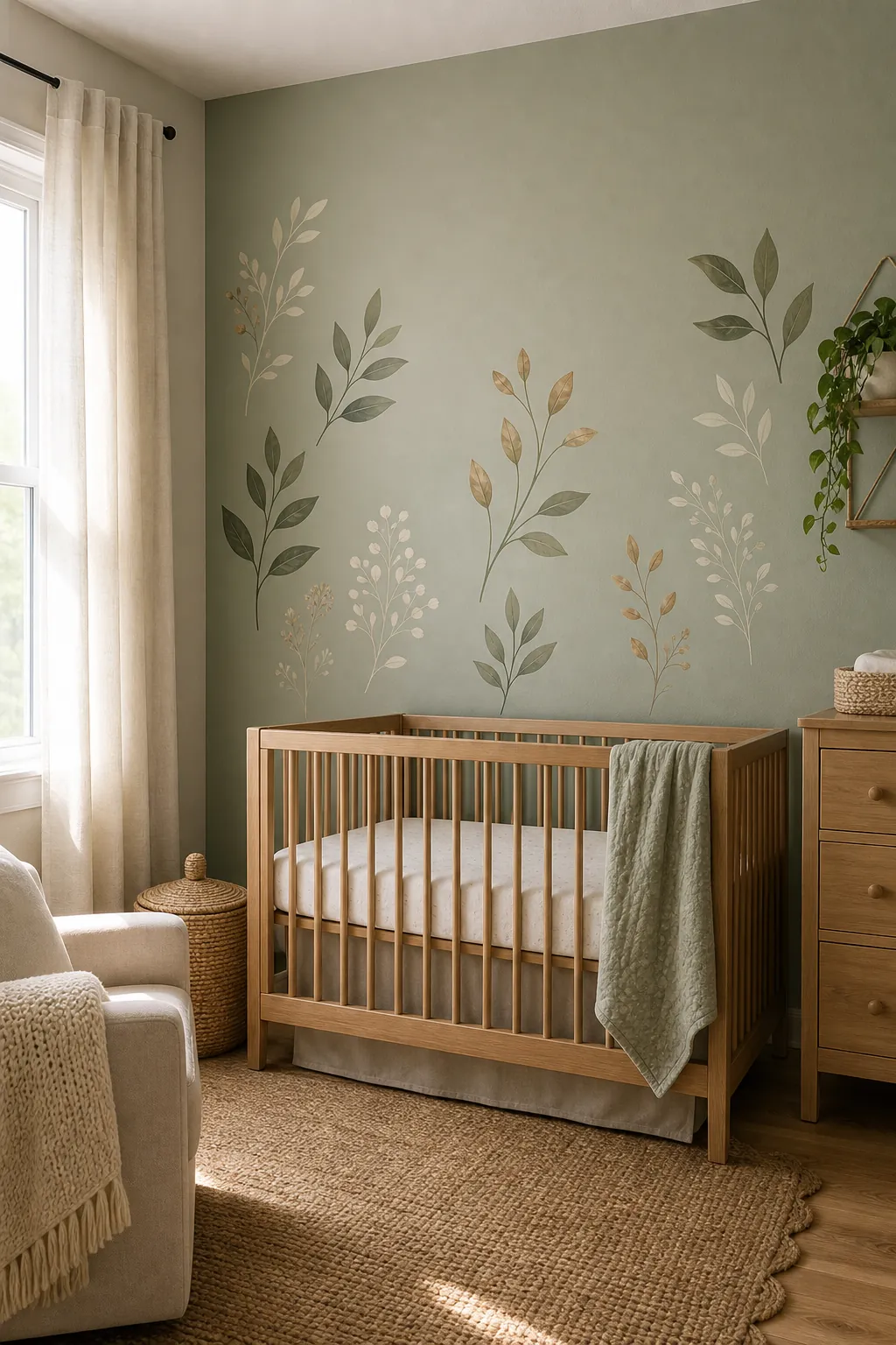Green nursery wall stickers paired with natural wood furniture and soft neutral bedding