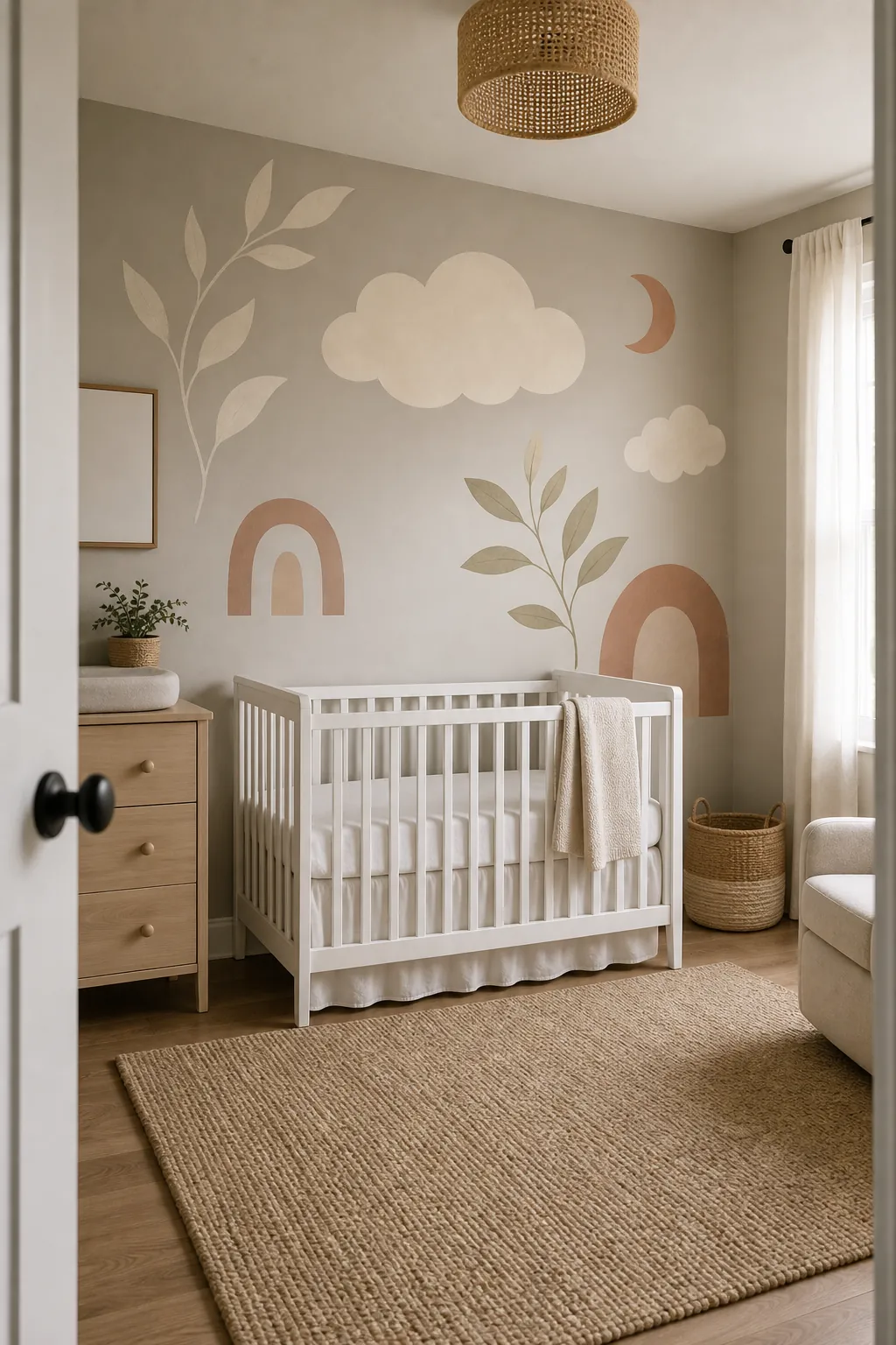 Large scale nursery wall stickers arranged with balanced spacing above nursery furniture