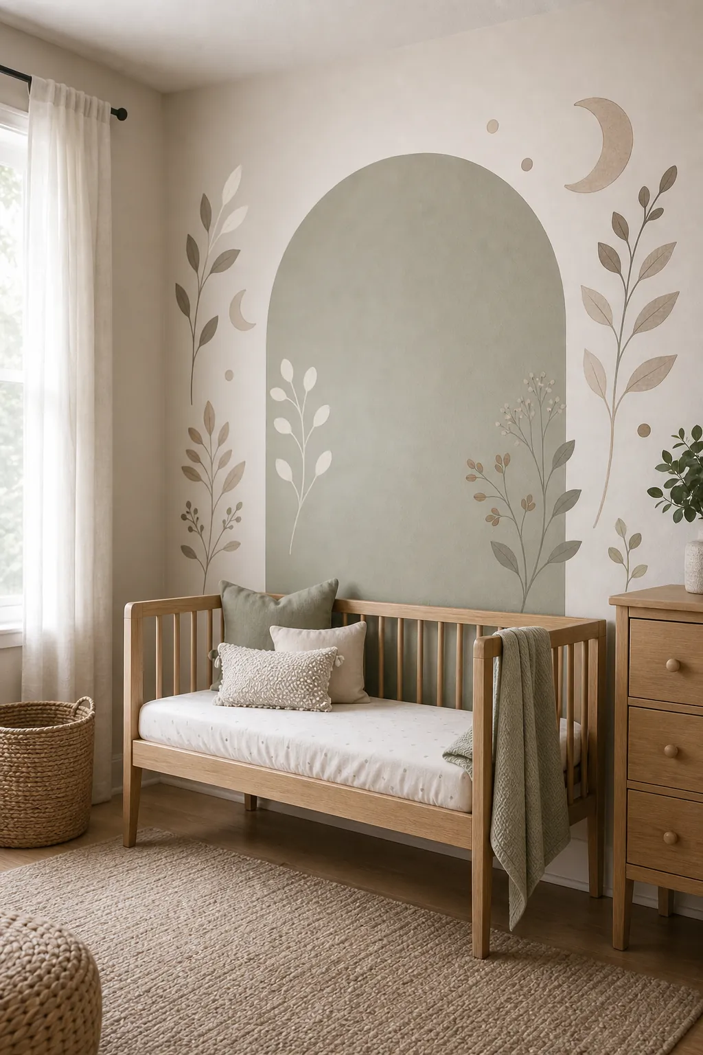 Nursery wall stickers layered over a soft painted arch for a custom baby room wall design