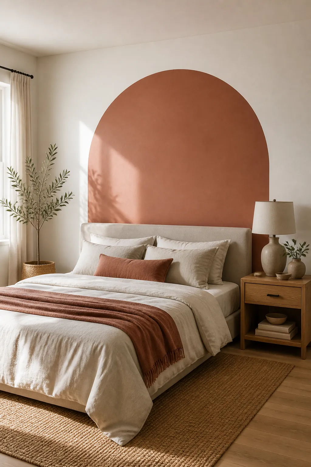 terracotta arch removable wall decal behind a bed in a calm bedroom