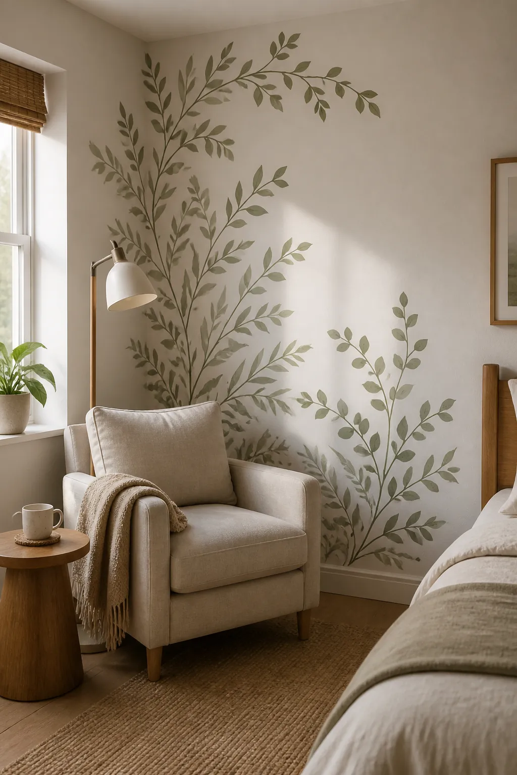 botanical peel and stick wall decal framing a cozy reading nook