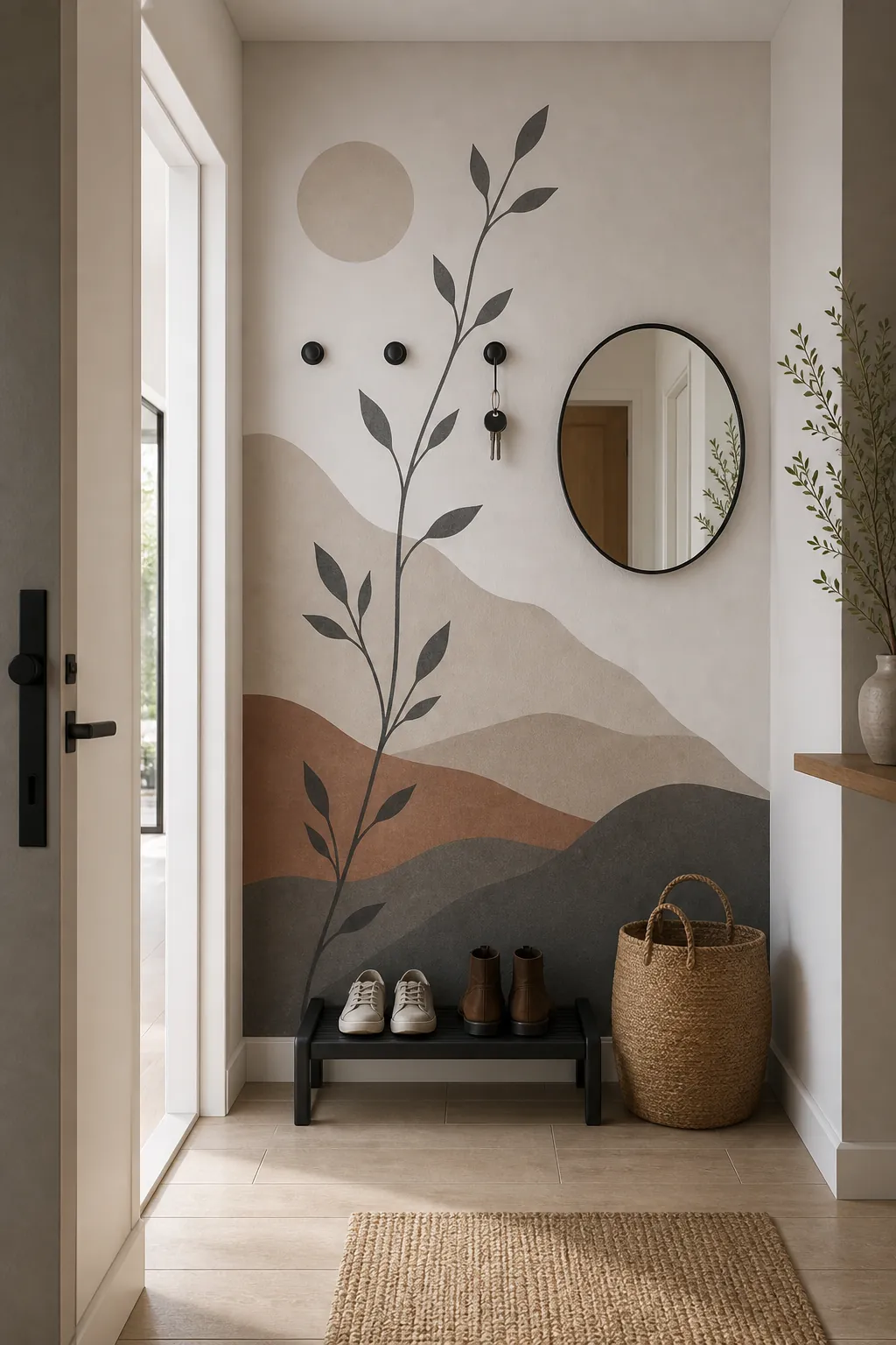 narrow entryway with a removable wall mural decal and simple hooks