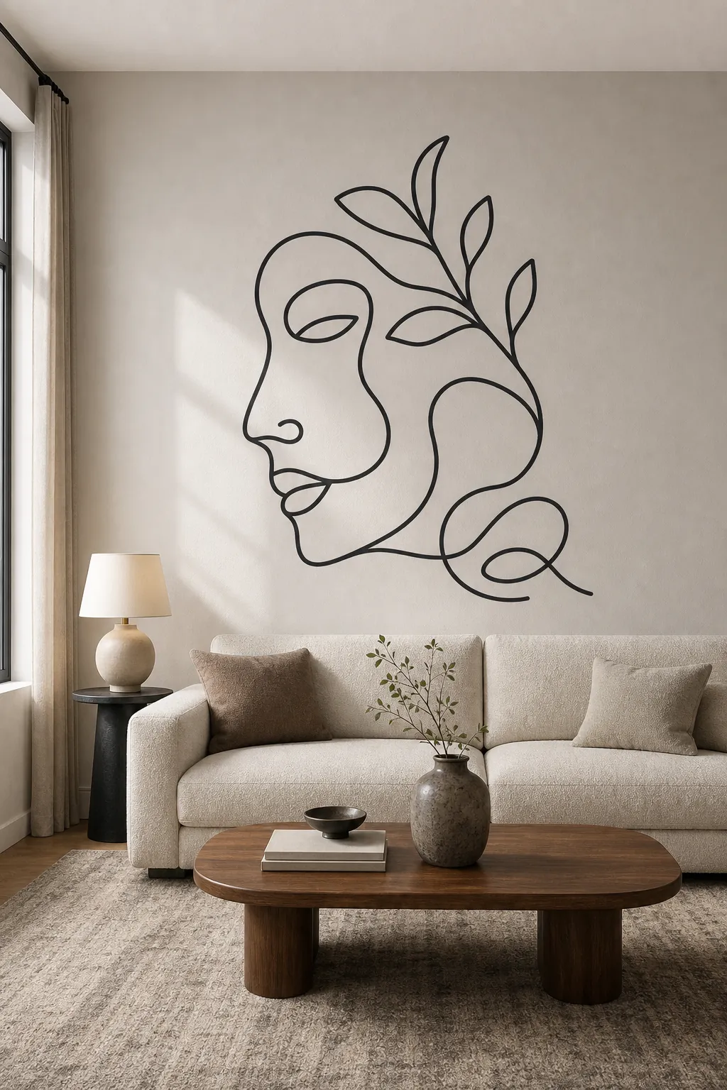 large abstract line art wall decal above a sofa in a modern living room