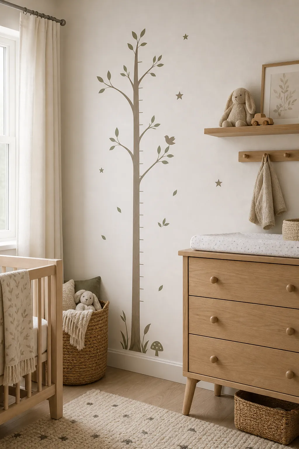 woodland growth chart removable wall decal in a nursery with natural furniture