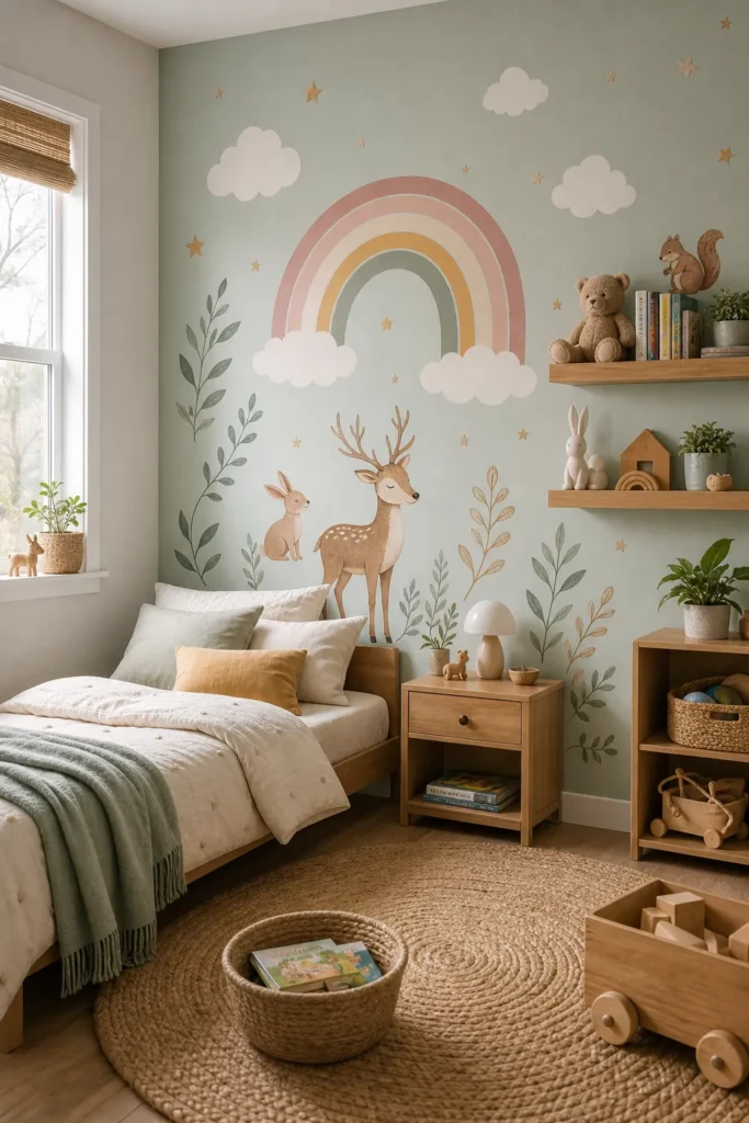 Bright kids bedroom decorated with removable kids wall decals and cozy modern furniture