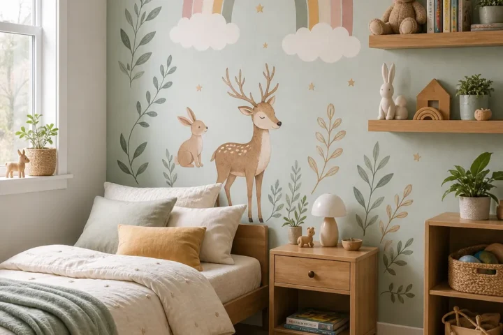 Bright kids bedroom decorated with removable kids wall decals and cozy modern furniture