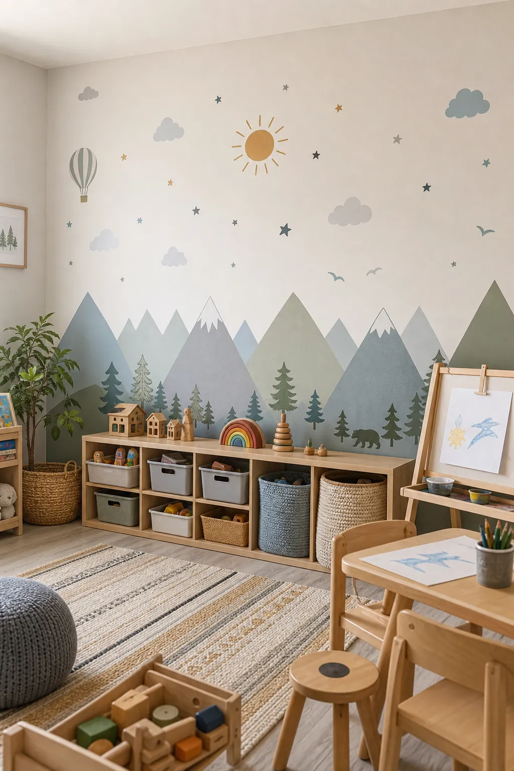 Kids wall decals arranged on a bright playroom accent wall with toy storage and soft natural light