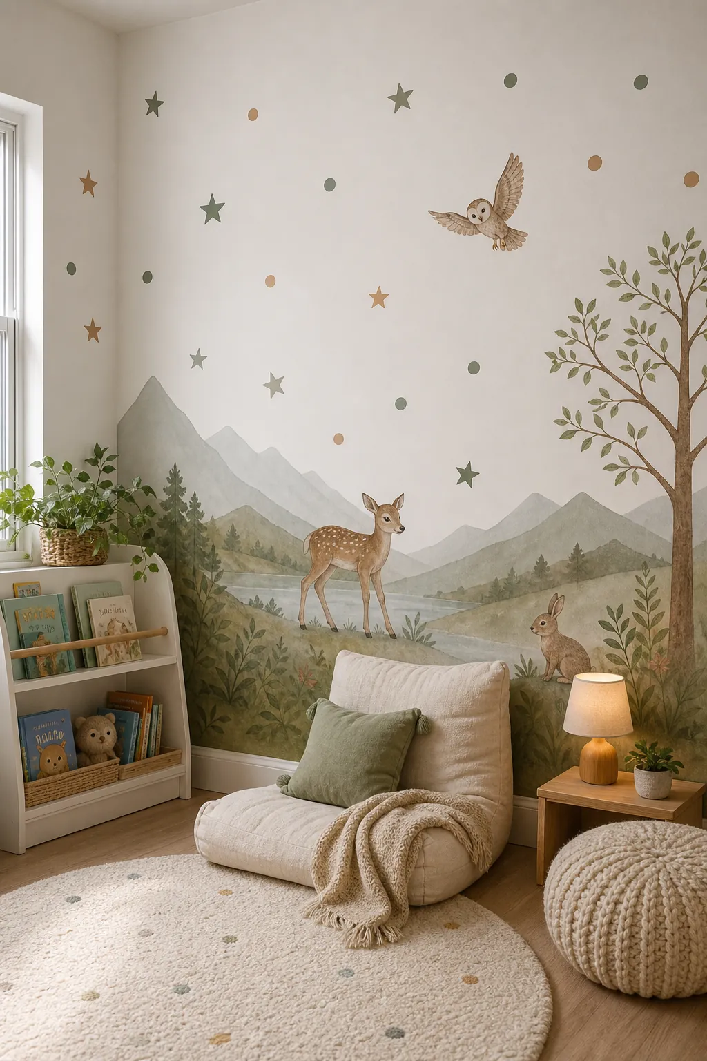 Different kids room decals including simple stars printed animals and a mural style reading corner